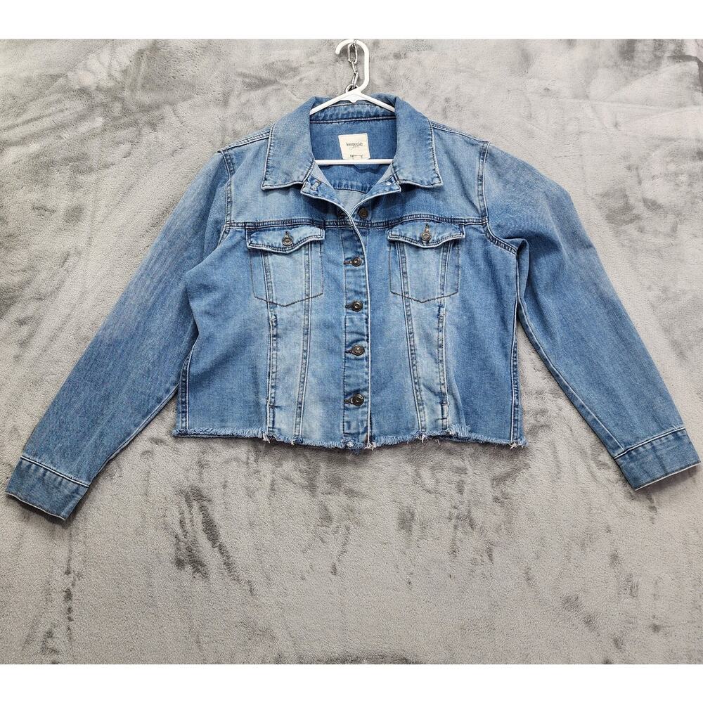 Kensie Jacket Womens L Blue Faded Medium Wash Denim Crop Raw Hem Western Cowgirl